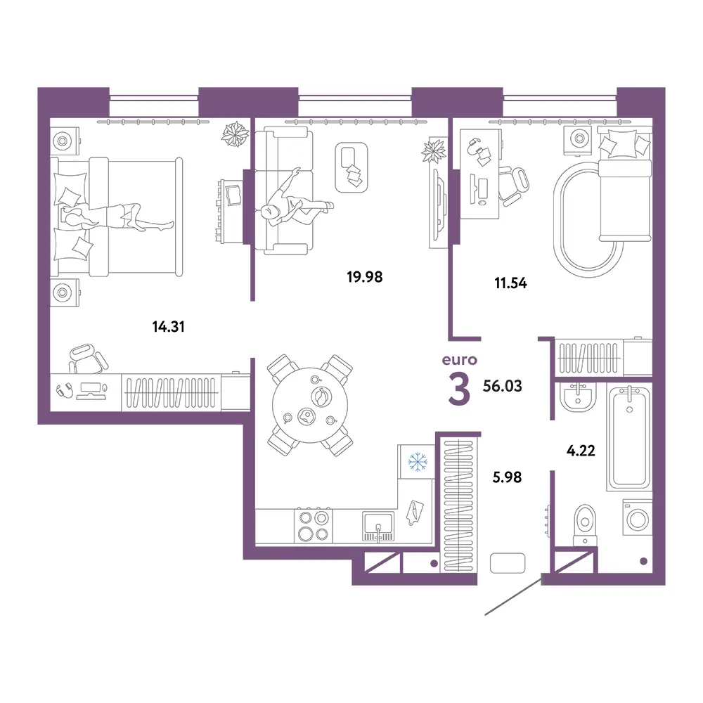 Планировка: Юнион 3-комнатная 56,03м²