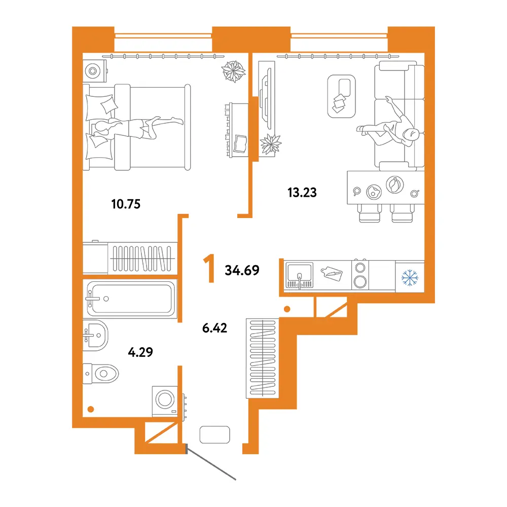 Планировка: Юнион 1-комнатная 34,69м²