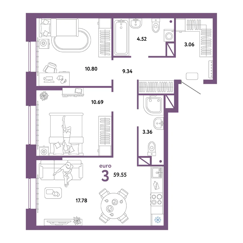 Планировка: Юнион 3-комнатная 59,55м²