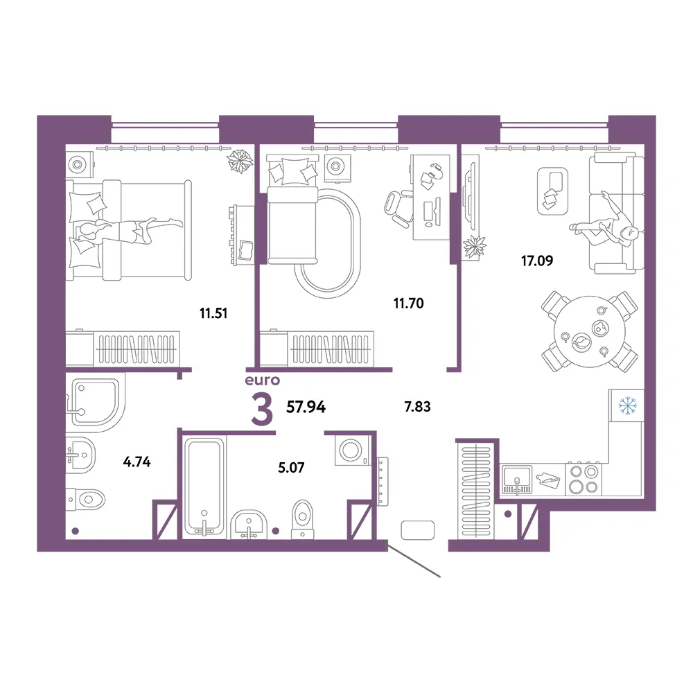 Планировка: Юнион 3-комнатная 57,94м²