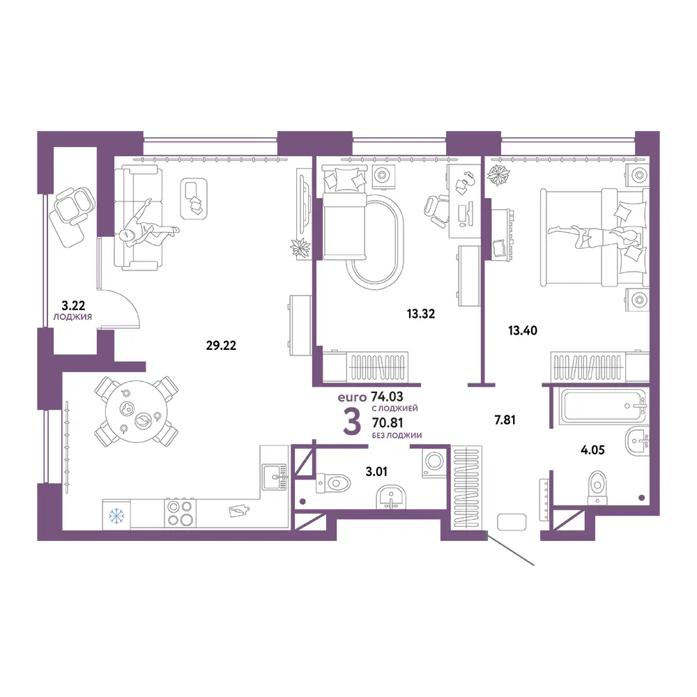 Планировка: Юнион 3-комнатная 74,03м²