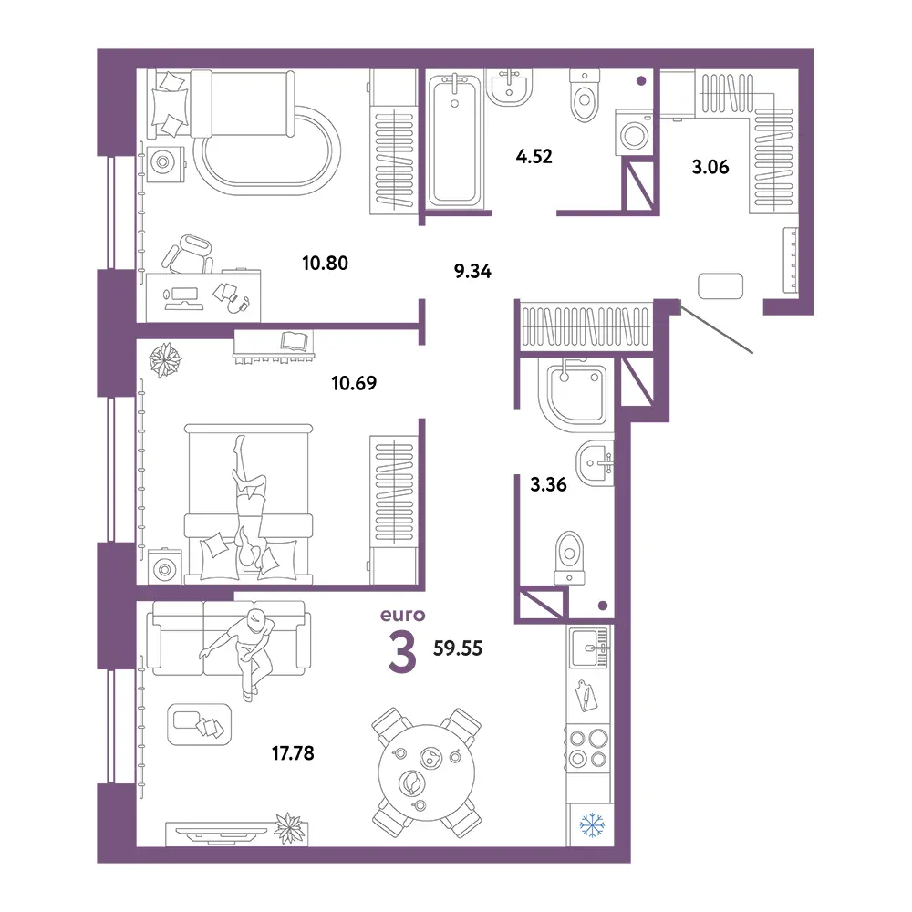 Планировка: Юнион 3-комнатная 59,55м²