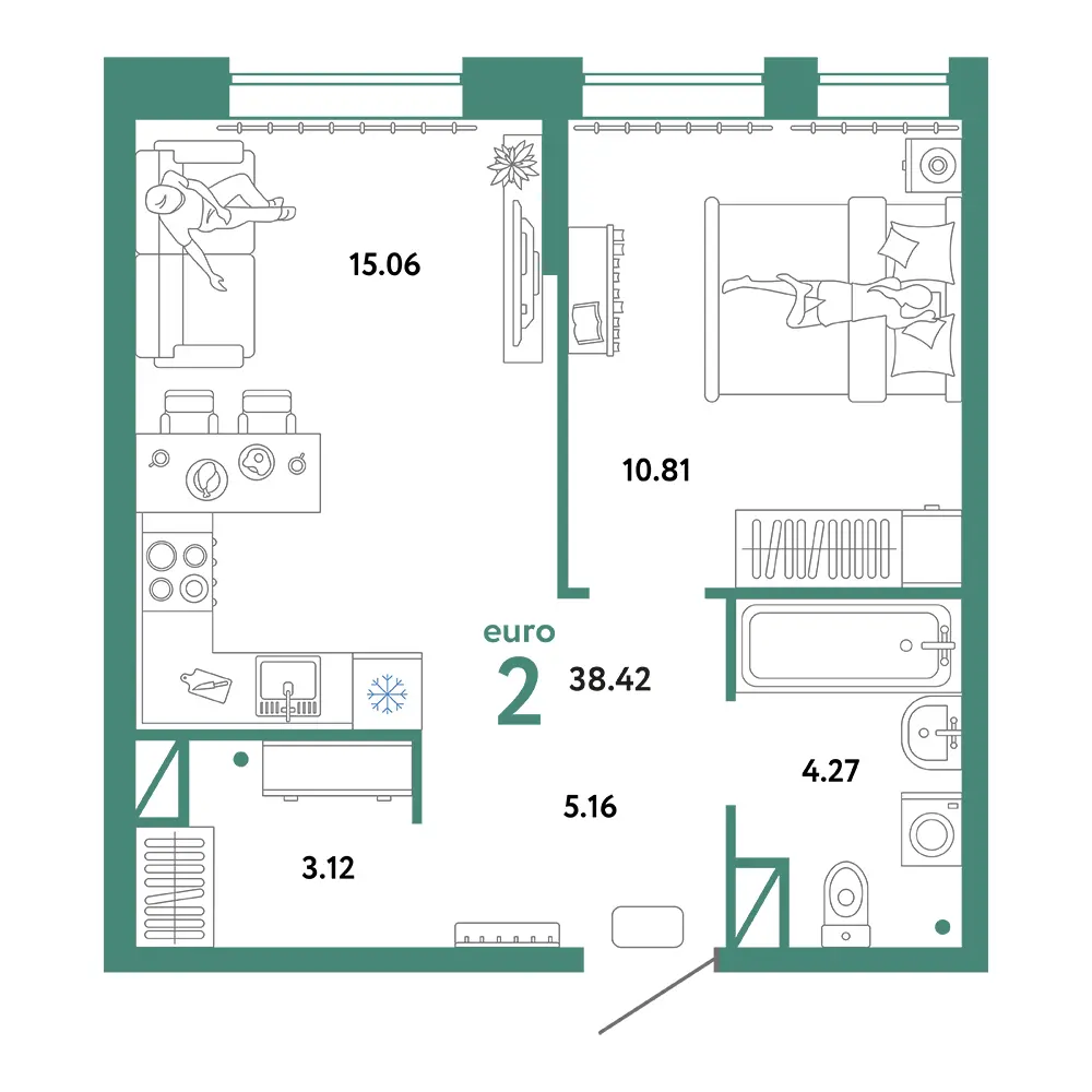 Планировка: Юнион 2-комнатная 38,42м²