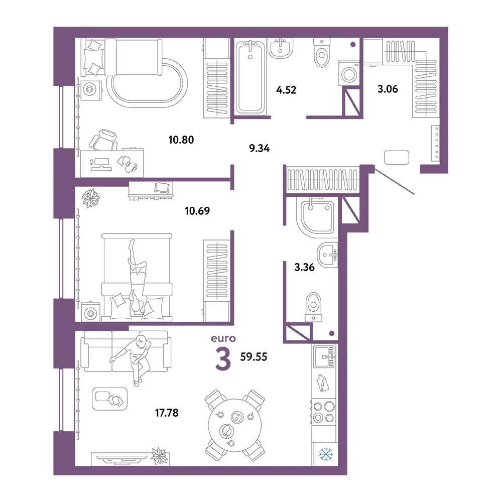 Планировка: Юнион 3-комнатная 59,55м²