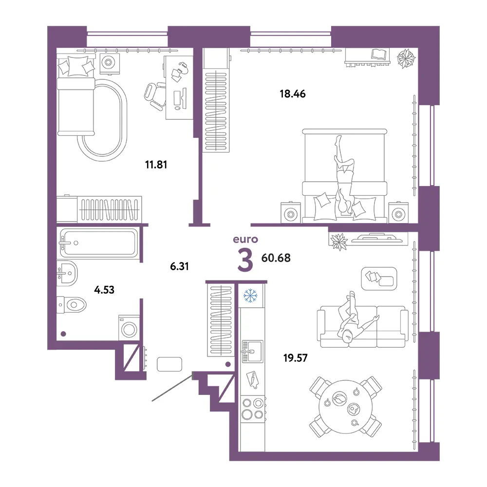 Планировка: Юнион 3-комнатная 60,68м²