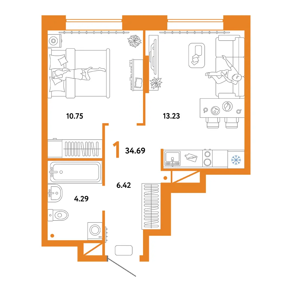 Планировка: Юнион 1-комнатная 34,69м²
