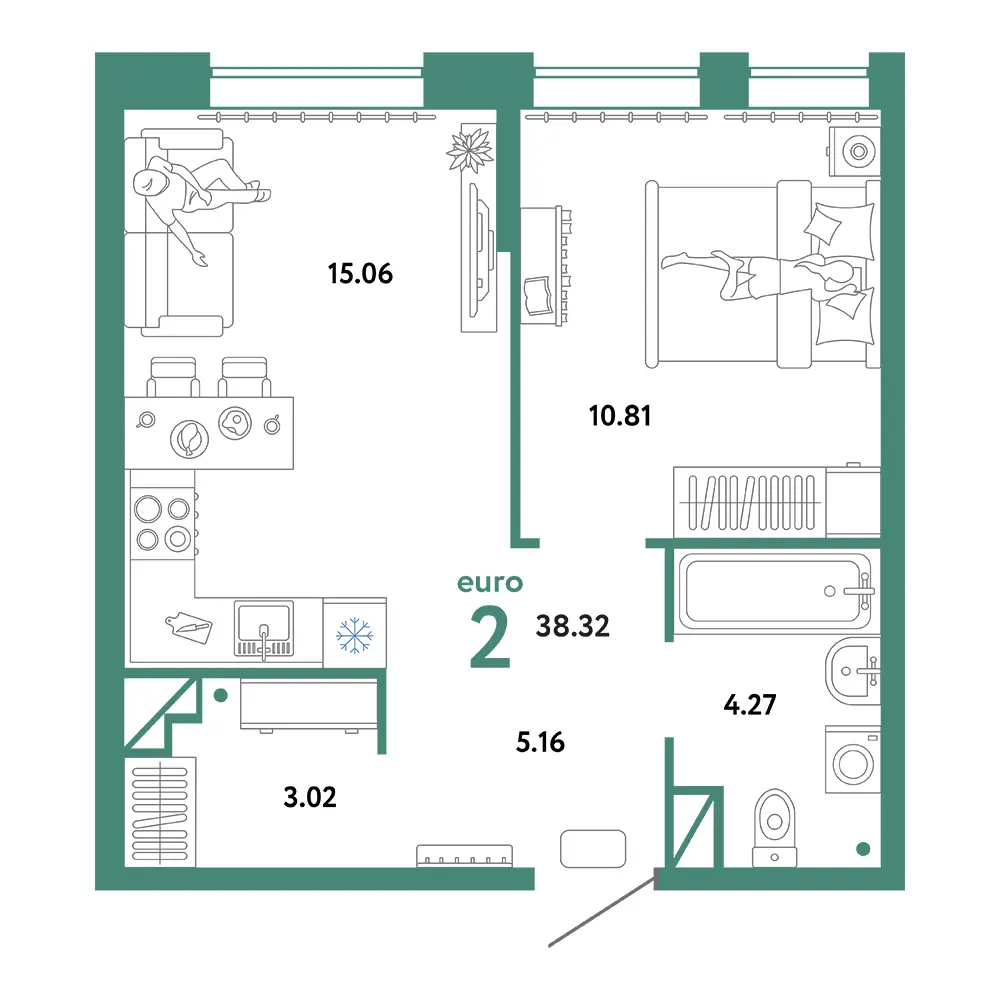 Планировка: Юнион 2-комнатная 38,32м²