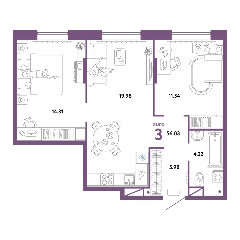 Планировка: Юнион 3-комнатная 56,03м²