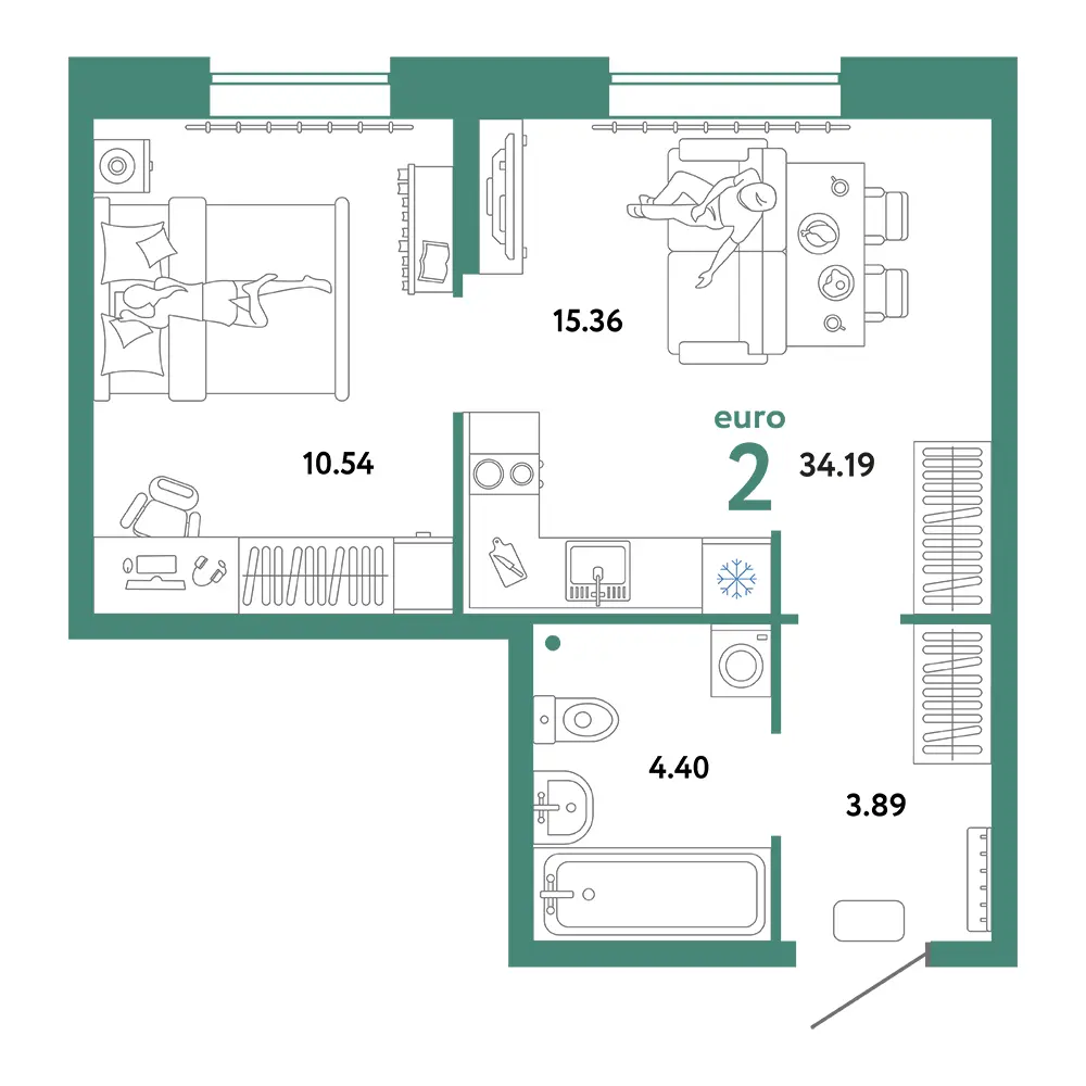 Планировка: Юнион 2-комнатная 34,19м²