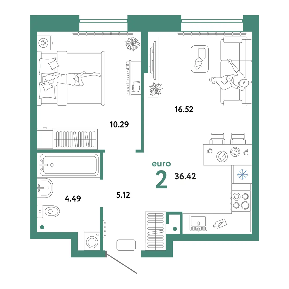 Планировка: Юнион 2-комнатная 36,42м²