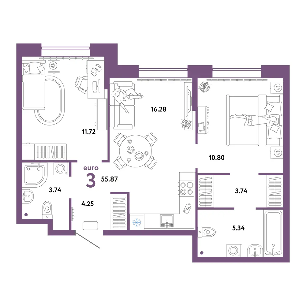 Планировка: Юнион 3-комнатная 55,87м²