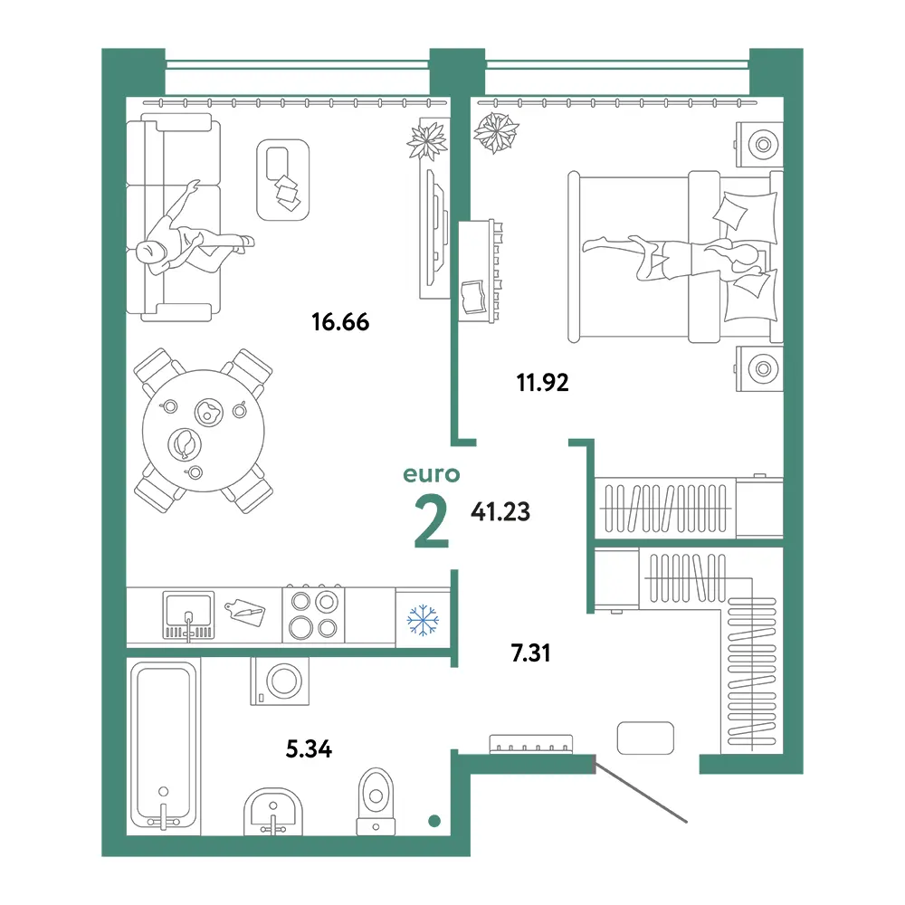 Планировка: Юнион 2-комнатная 41,23м²