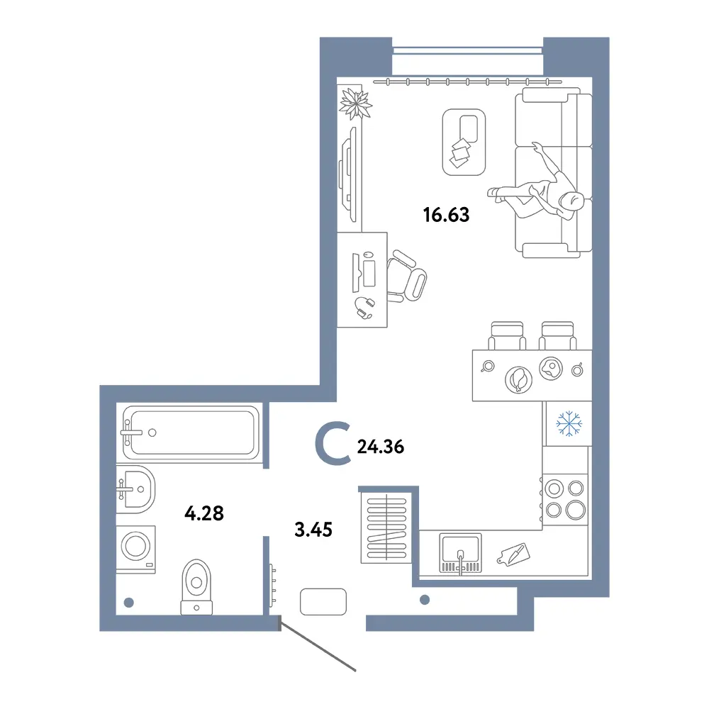Планировка: Юнион Студия 24,36м²