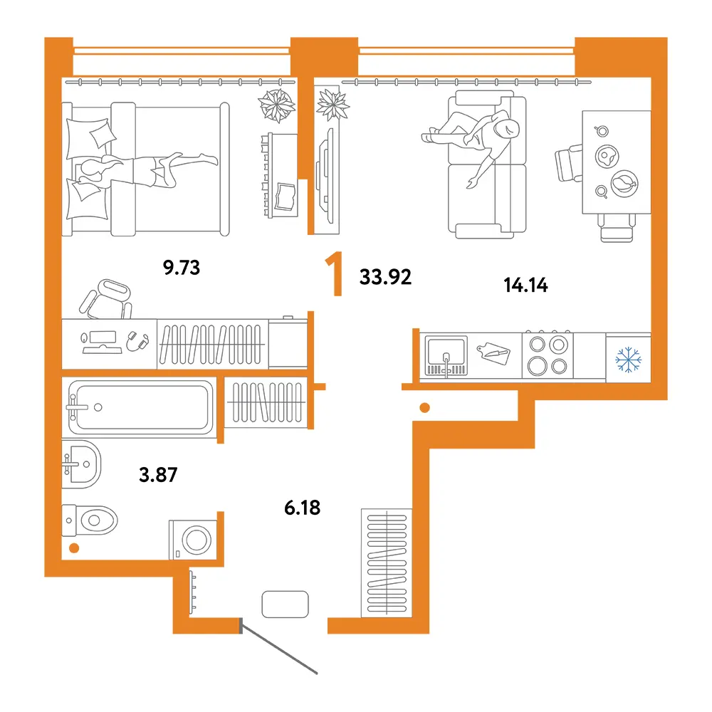 Планировка: Юнион 1-комнатная 33,92м²