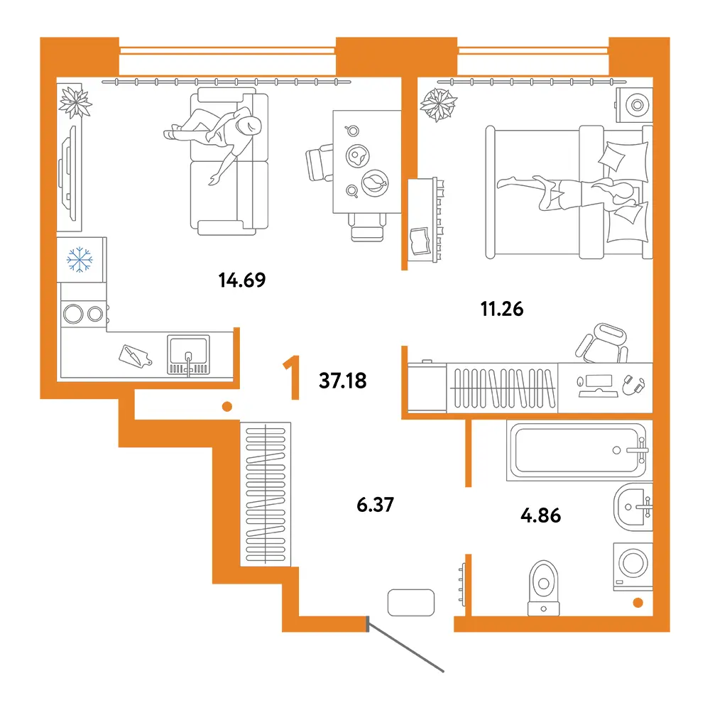 Планировка: Юнион 1-комнатная 37,18м²
