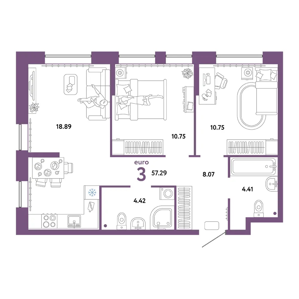 Планировка: Юнион 3-комнатная 57,29м²