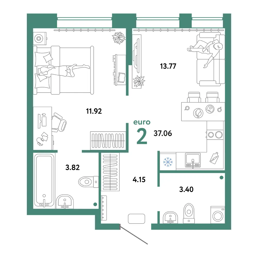 Планировка: Юнион 2-комнатная 37,06м²