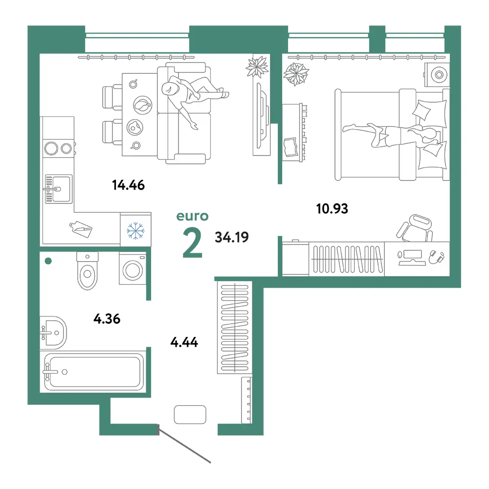 Планировка: Юнион 2-комнатная 34,19м²