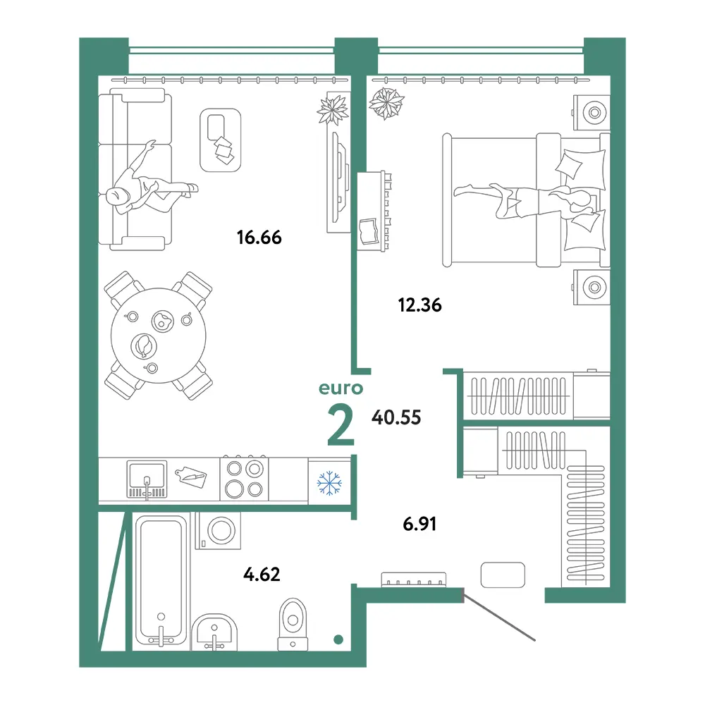 Планировка: Юнион 2-комнатная 40,55м²