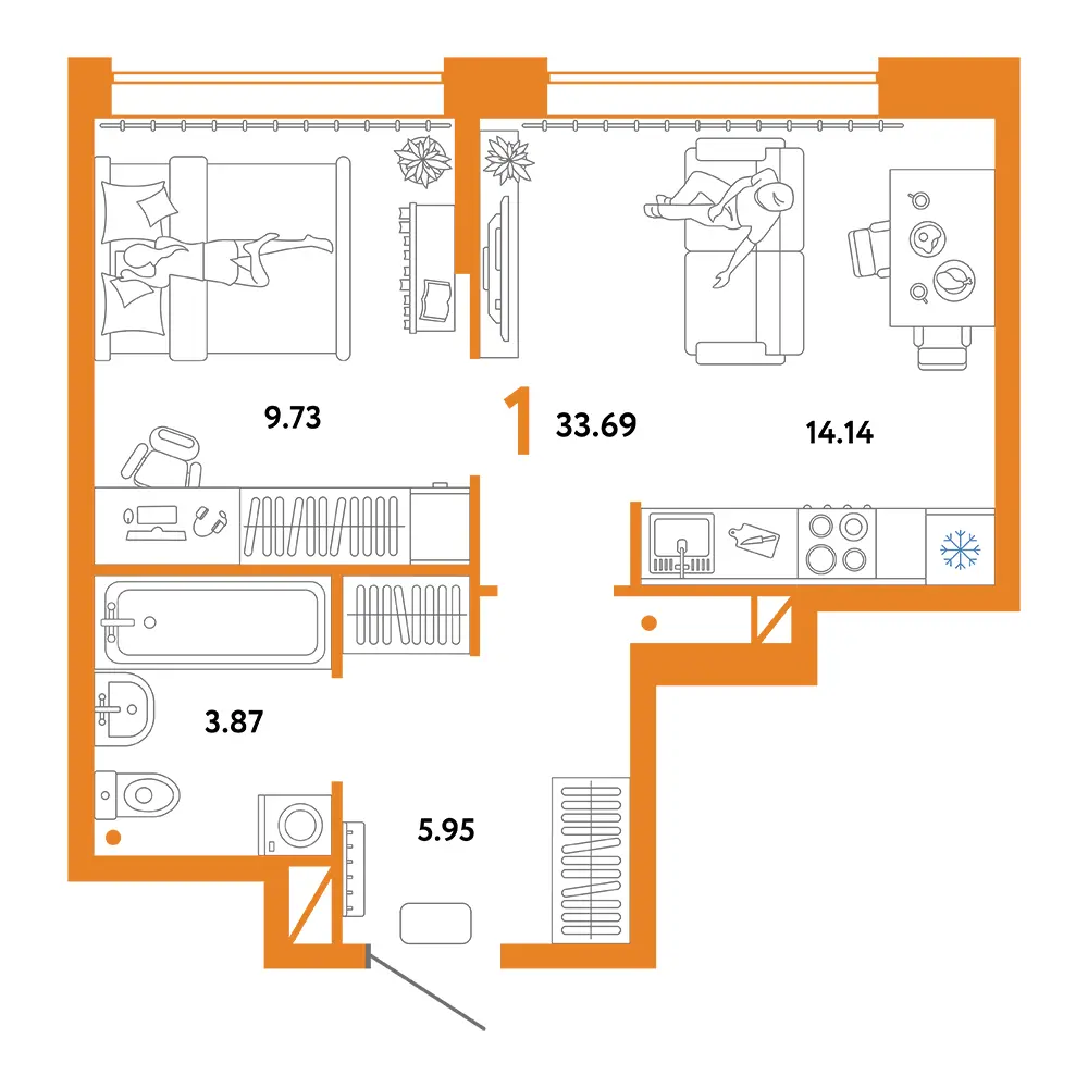 Планировка: Юнион 1-комнатная 33,69м²