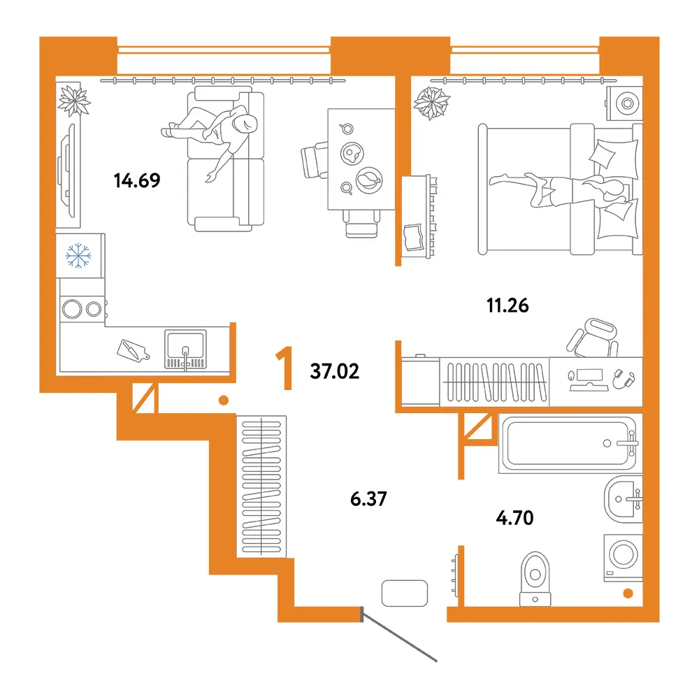 Планировка: Юнион 1-комнатная 37,02м²