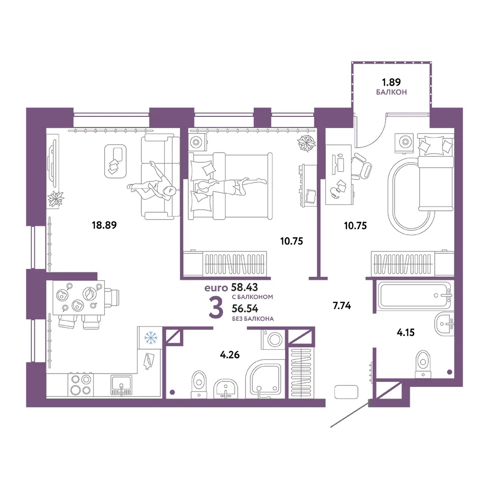 Планировка: Юнион 3-комнатная 58,43м²