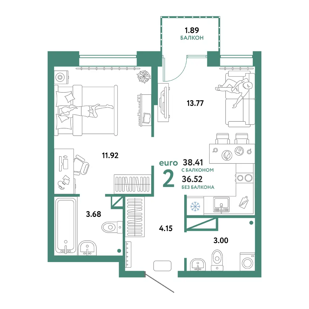 Планировка: Юнион 2-комнатная 38,41м²