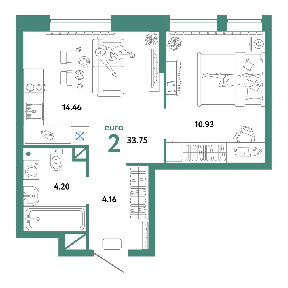 Планировка: Юнион 2-комнатная 33,75м²