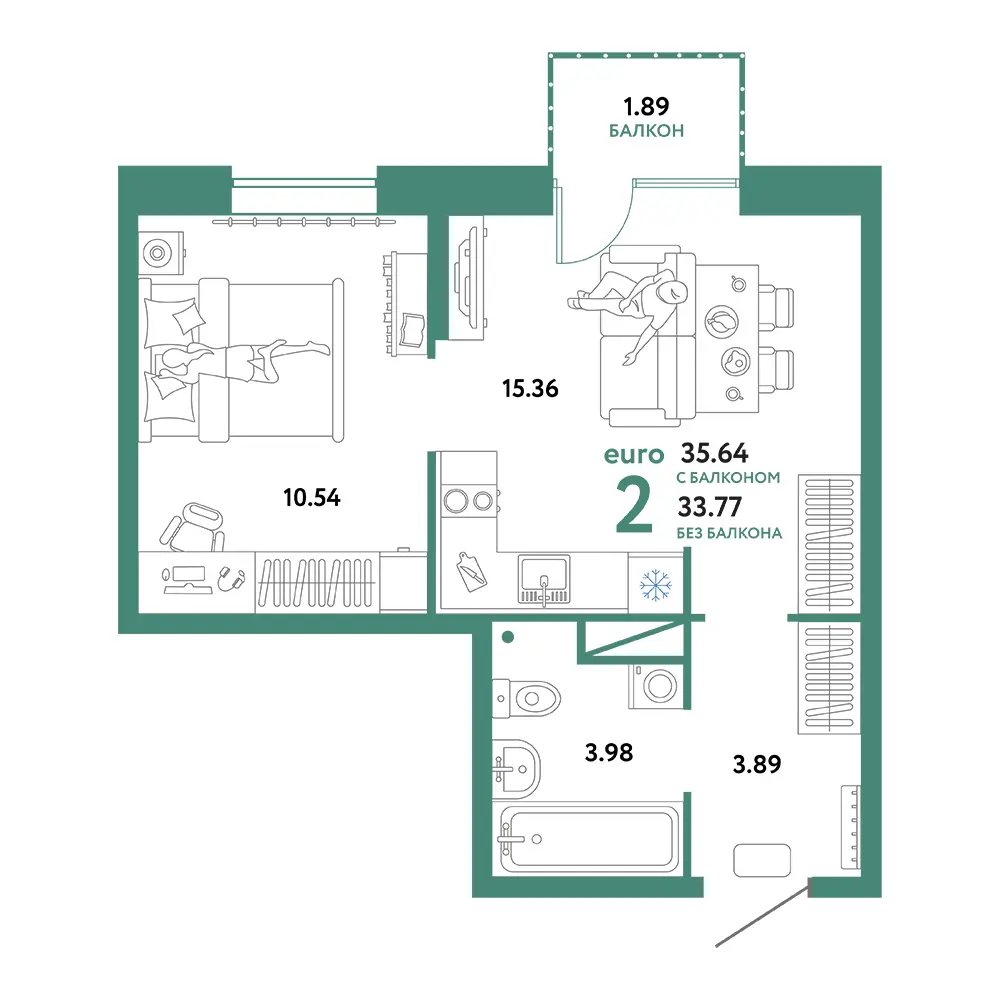 Планировка: Юнион 2-комнатная 35,64м²