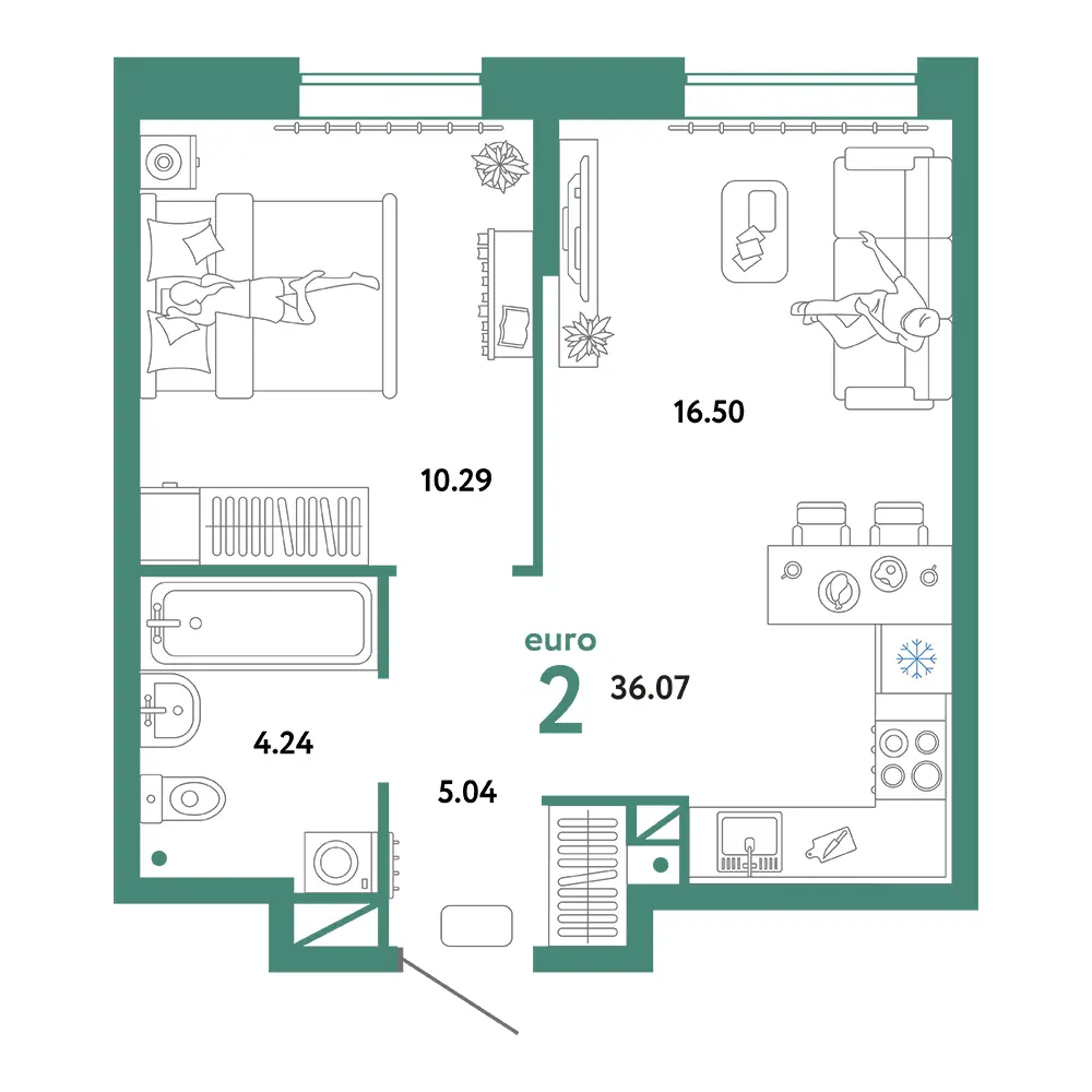 Планировка: Юнион 2-комнатная 36,07м²