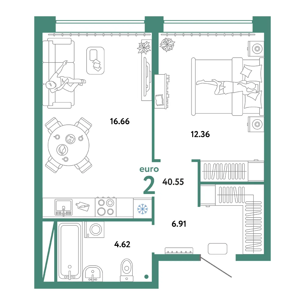 Планировка: Юнион 2-комнатная 40,55м²