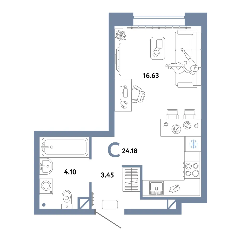 Планировка: Юнион Студия 24,18м²