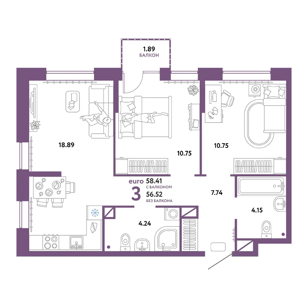 Планировка: Юнион 3-комнатная 58,41м²