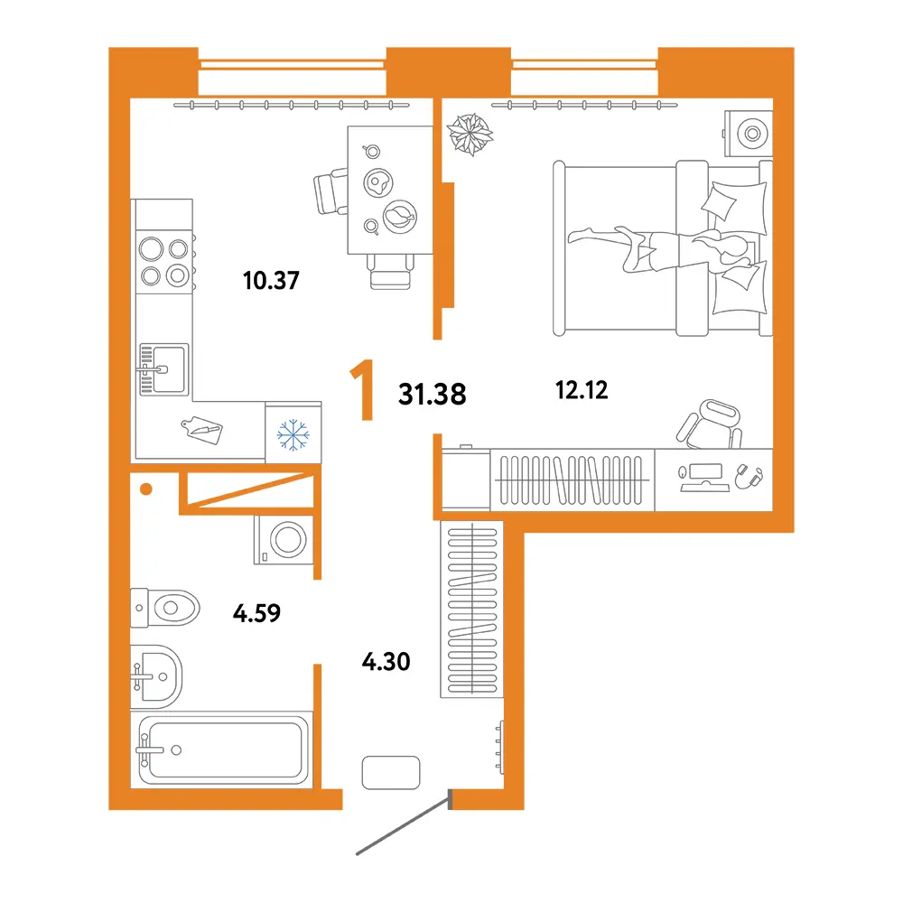 Планировка: Юнион 1-комнатная 31,38м²
