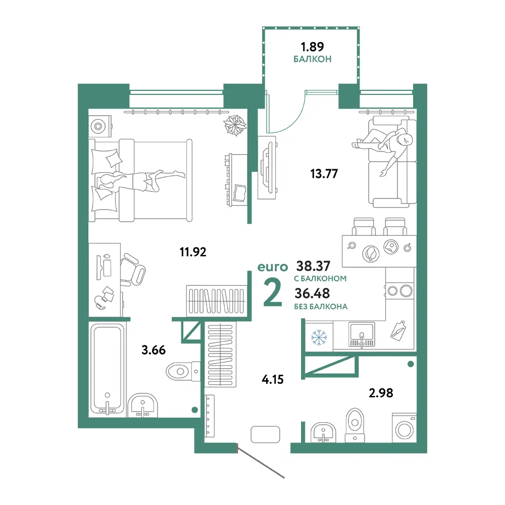 Планировка: Юнион 2-комнатная 38,37м²