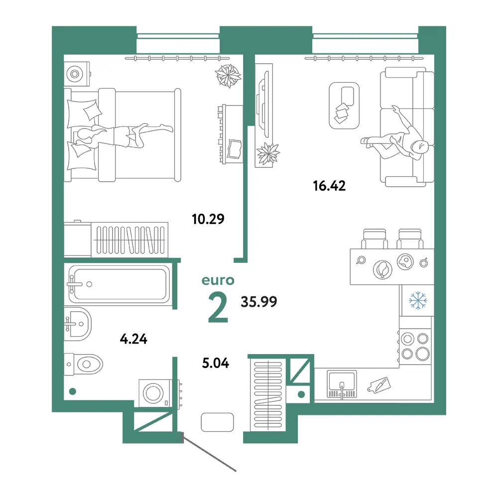 Планировка: Юнион 2-комнатная 35,99м²