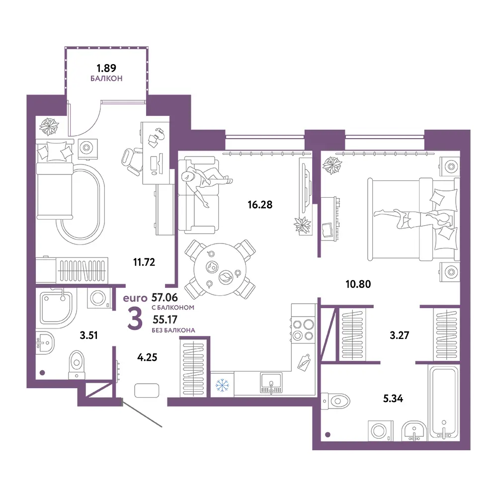 Планировка: Юнион 3-комнатная 57,06м²