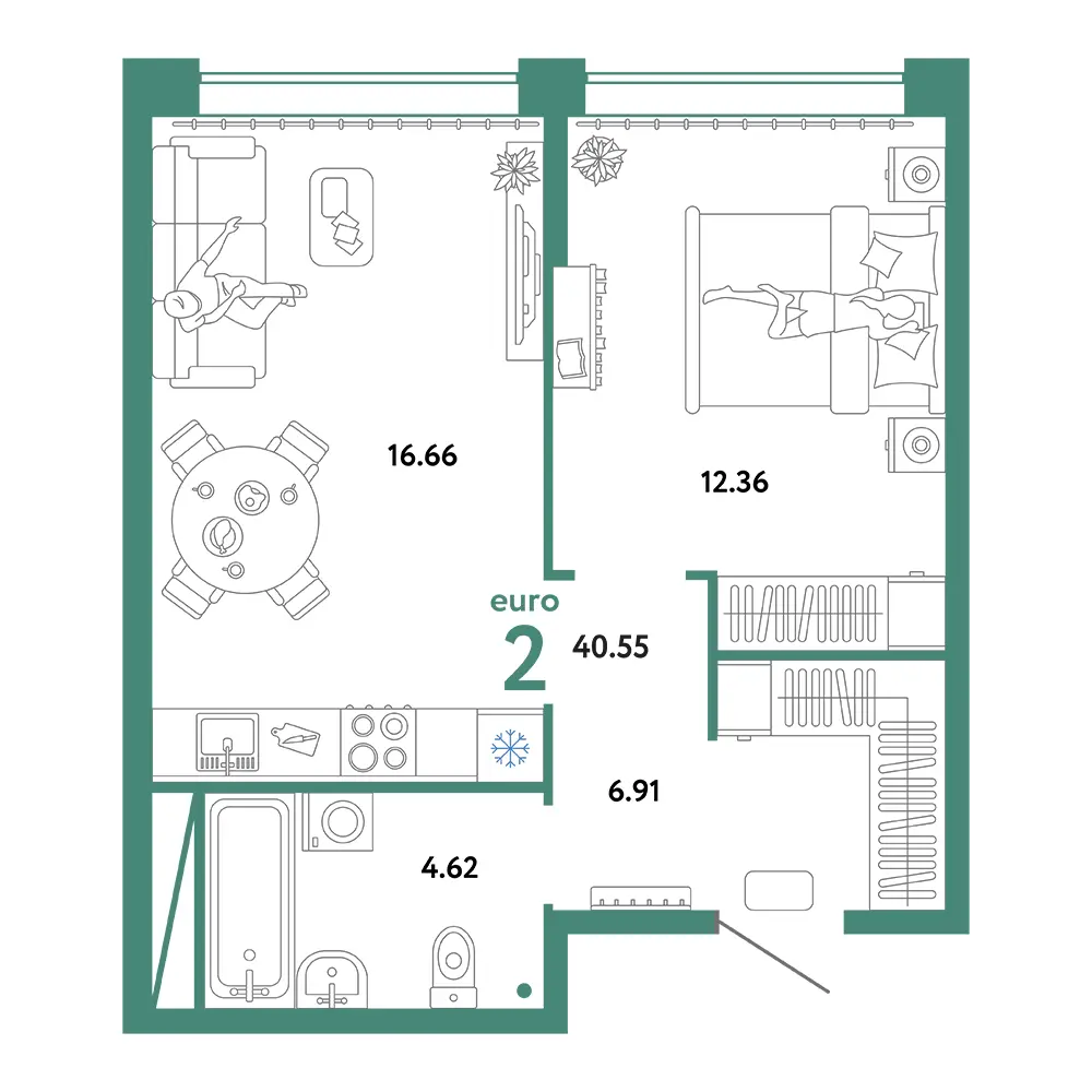 Планировка: Юнион 2-комнатная 40,55м²