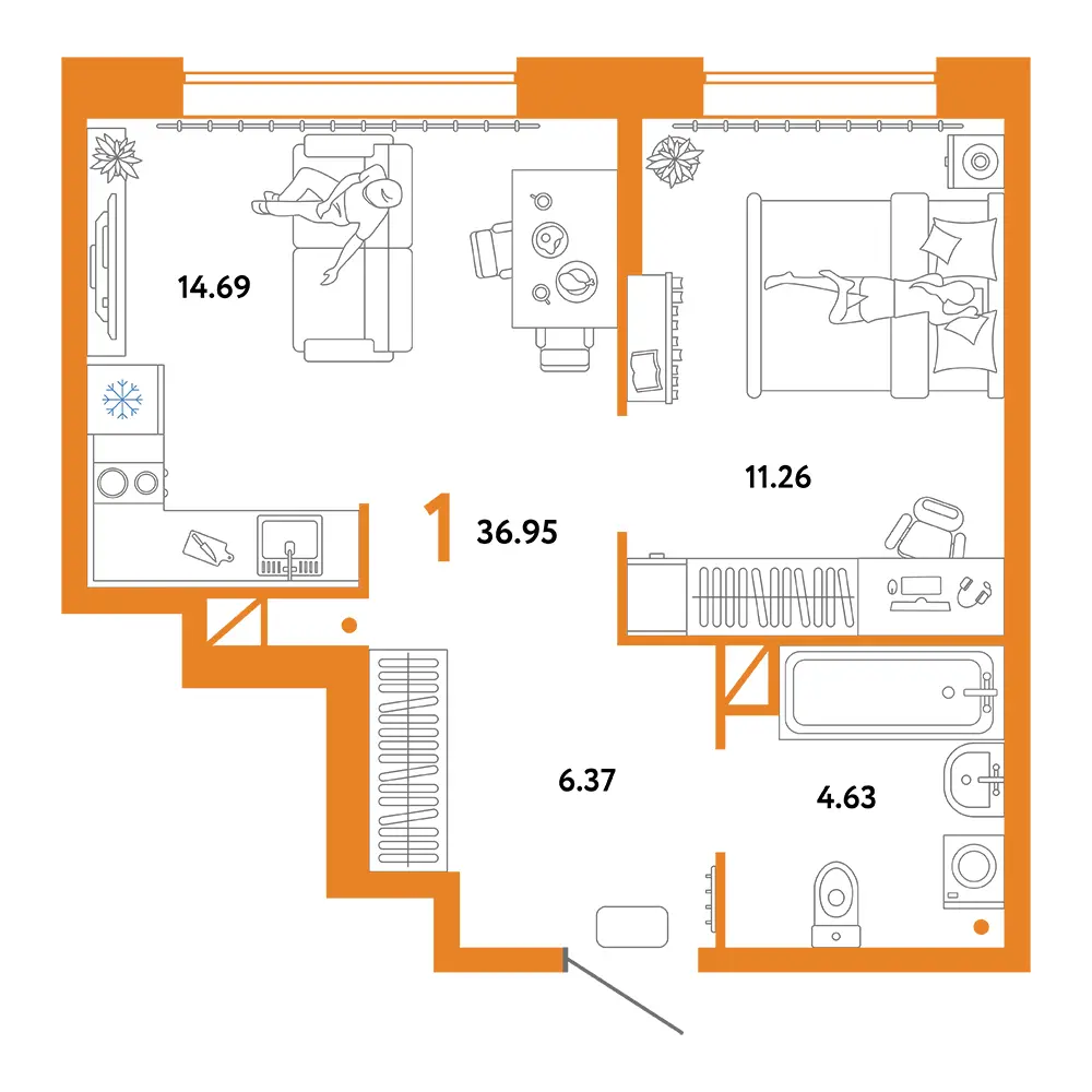 Планировка: Юнион 1-комнатная 36,95м²