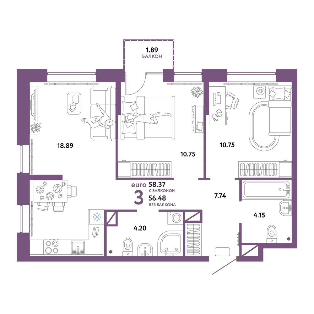 Планировка: Юнион 3-комнатная 58,37м²