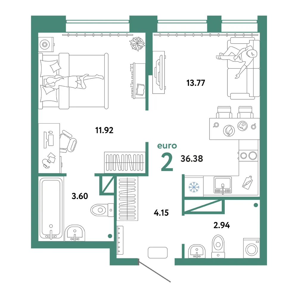 Планировка: Юнион 2-комнатная 36,38м²