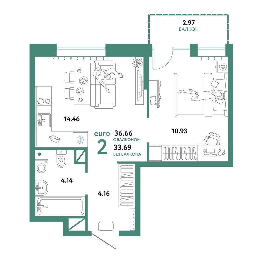 Планировка: Юнион 2-комнатная 36,66м²