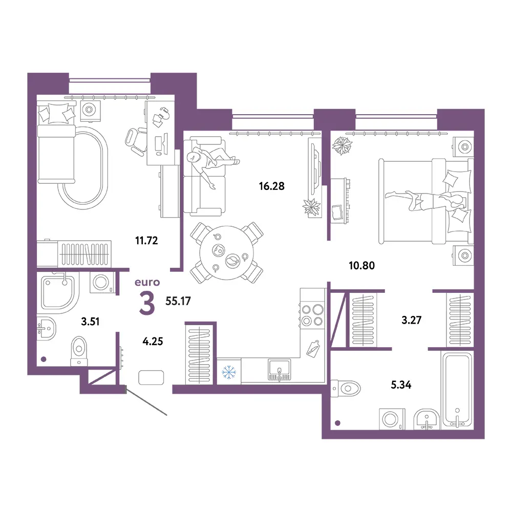Планировка: Юнион 3-комнатная 55,17м²