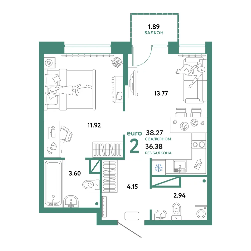 Планировка: Юнион 2-комнатная 38,27м²