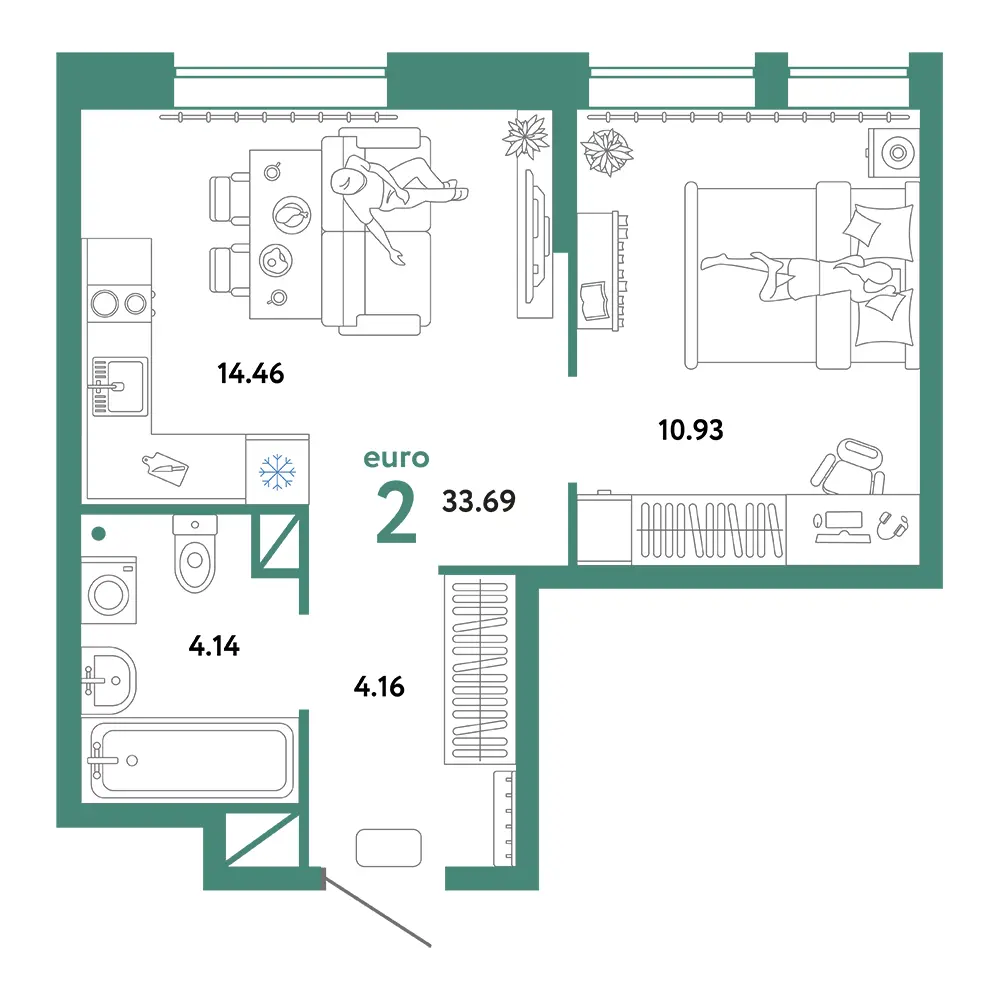 Планировка: Юнион 2-комнатная 33,69м²