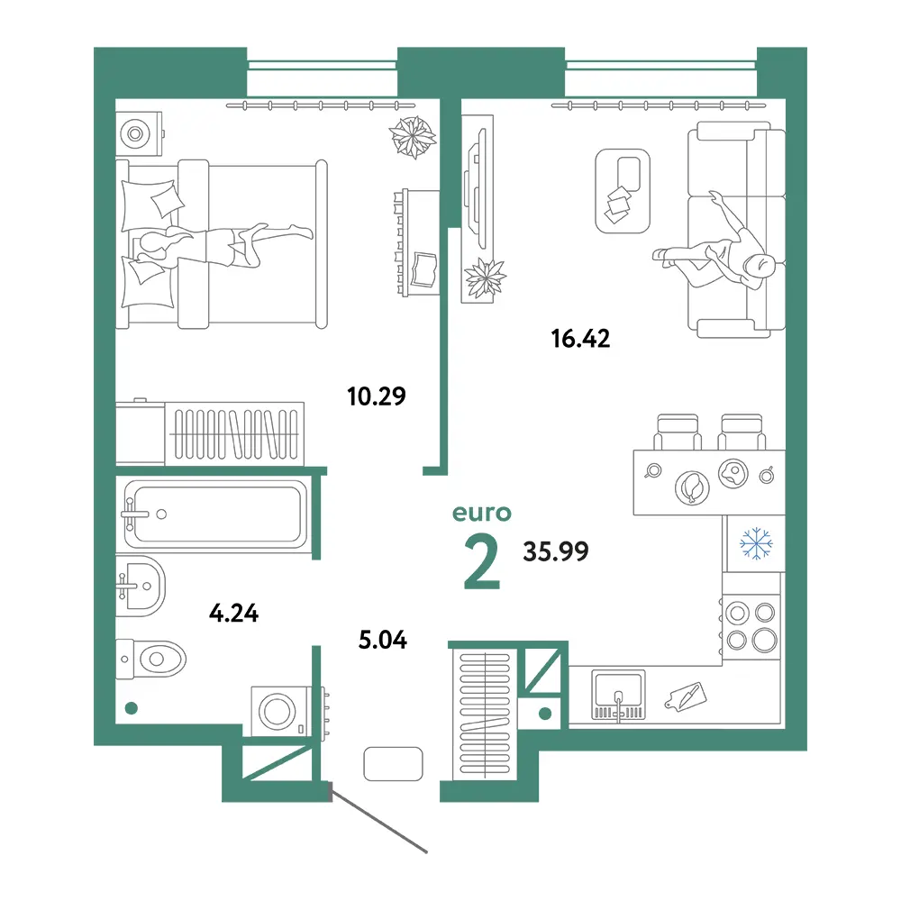 Планировка: Юнион 2-комнатная 35,99м²