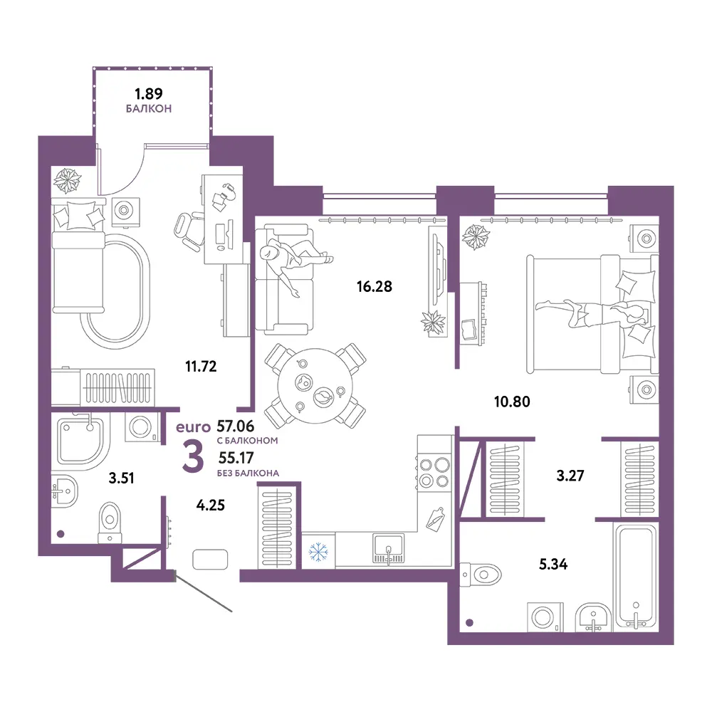 Планировка: Юнион 3-комнатная 57,06м²