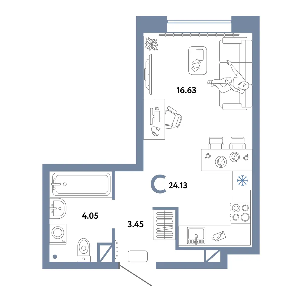 Планировка: Юнион Студия 24,13м²