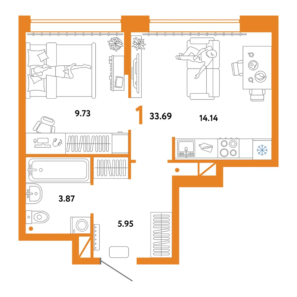 Планировка: Юнион 1-комнатная 33,69м²