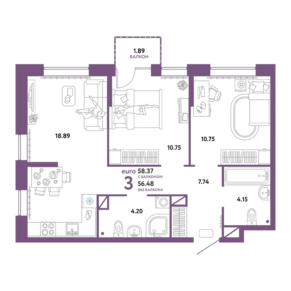Планировка: Юнион 3-комнатная 58,37м²